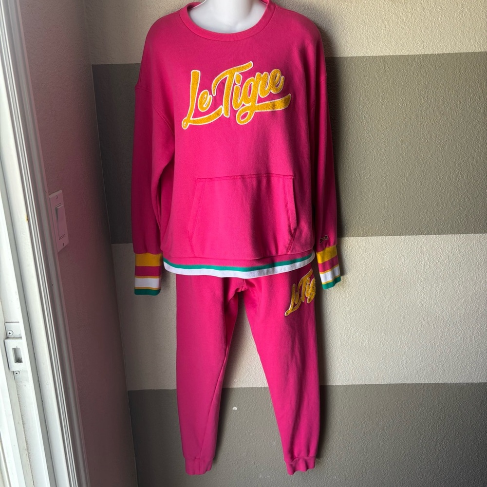Two Piece Le Tigre Women’s Small Sweatsuit Sweatshirt Sweats Bright Pink Stripe